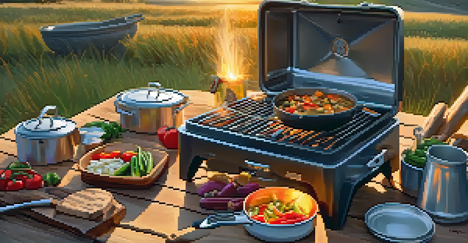 A camping stove on a picnic table with cookware and fresh vegetables, illuminated by the golden light of a setting sun.