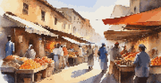 A busy street market with colorful stalls and diverse people interacting, highlighting a solo traveler engaging with a vendor.