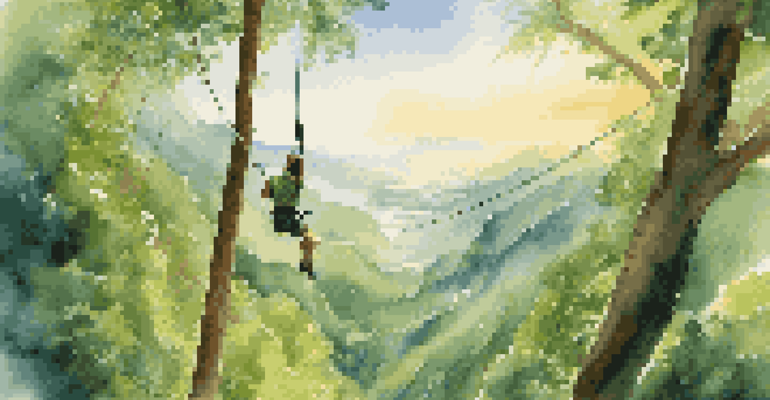A person ziplining through a vibrant green forest with sunlight streaming through the trees and mountains in the distance.