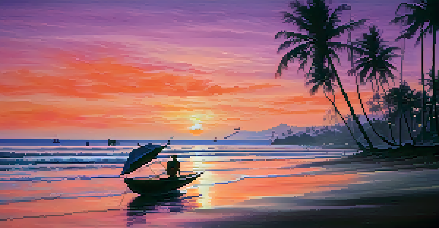 A tranquil beach in Bali at sunset with palm trees and a fisherman casting his net.