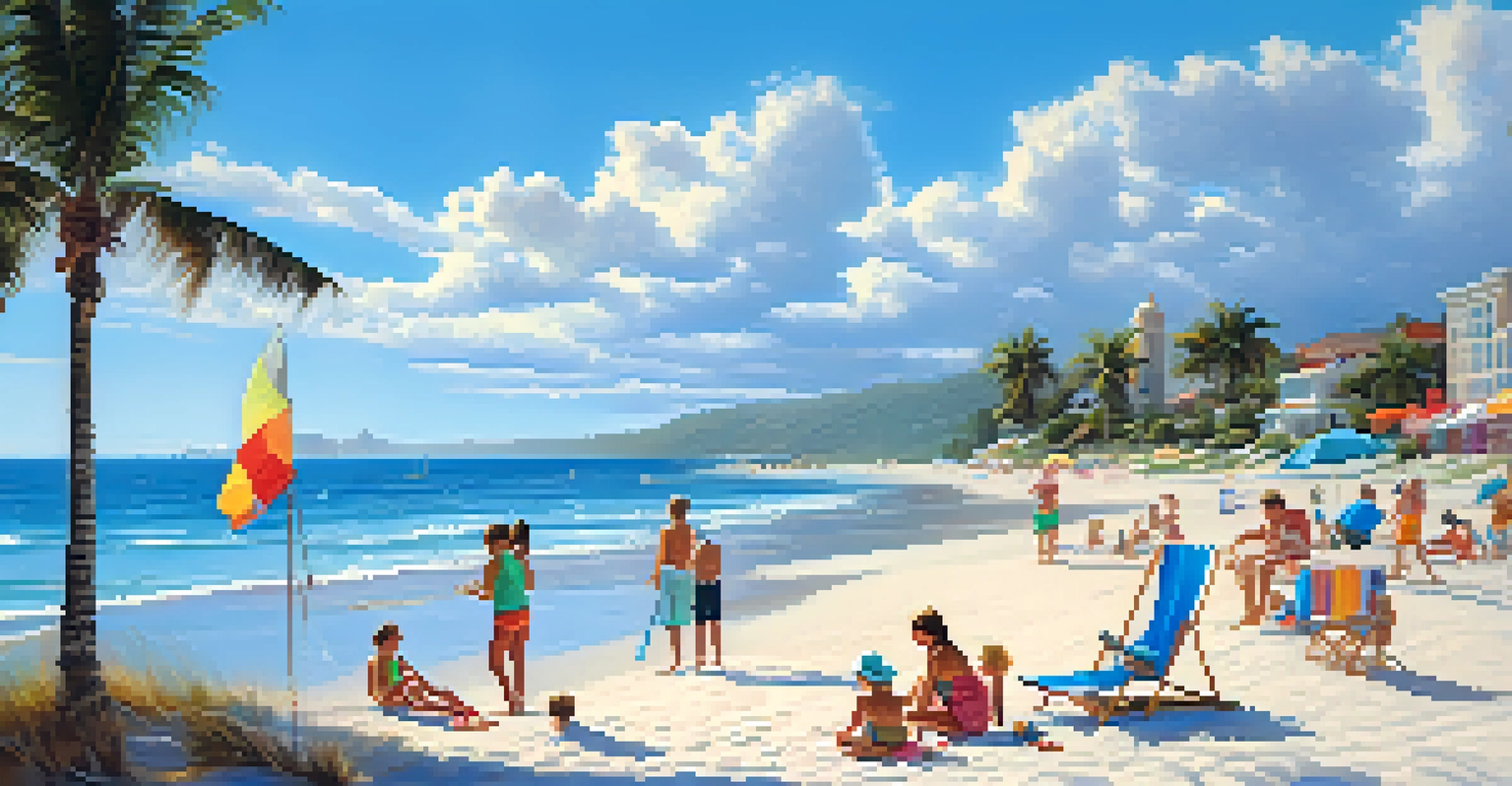 A cheerful beach scene with a family playing volleyball and building sandcastles on white sands with turquoise waters in the background.