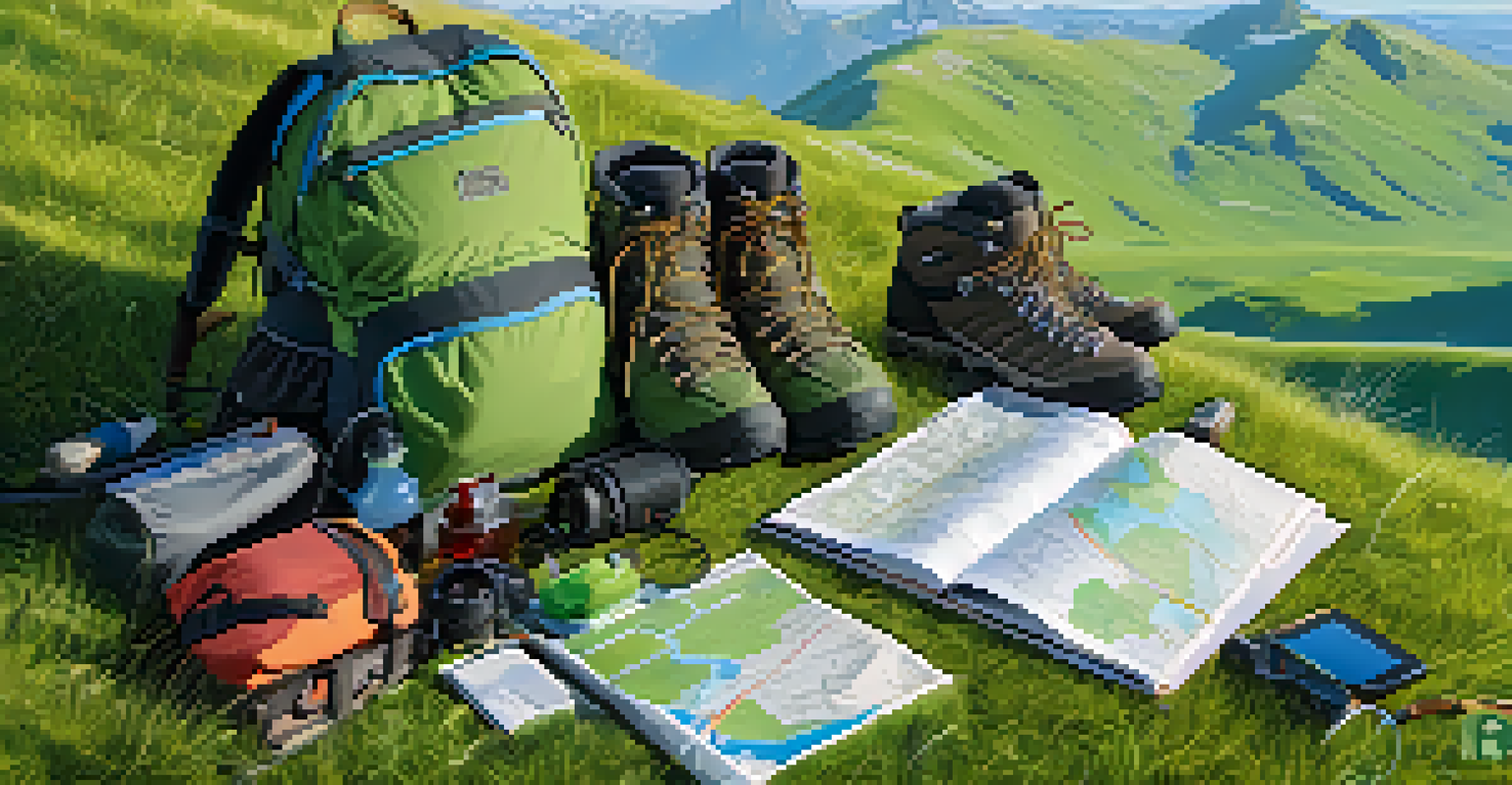 An organized backpacking setup on a mountain slope with hiking gear and a hydration reservoir, surrounded by grassy terrain and distant mountains.