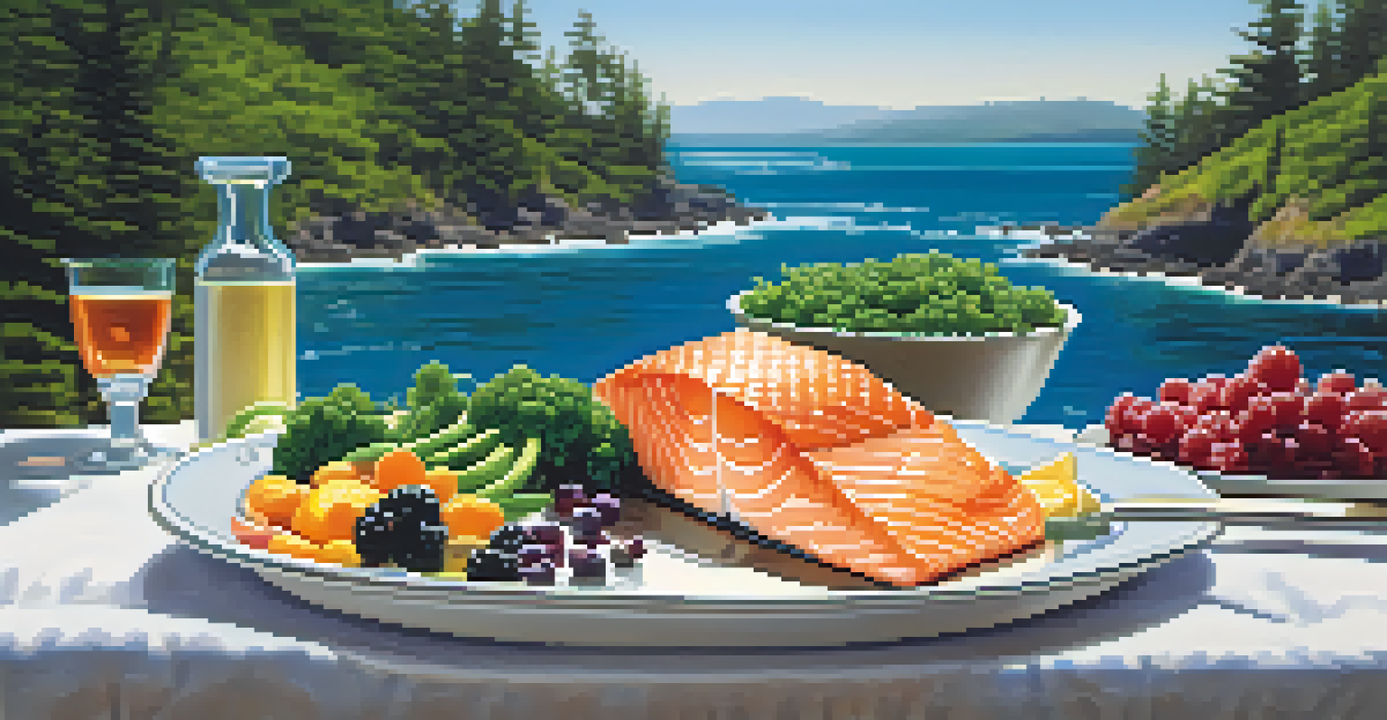 A picturesque Pacific Northwest coastline with a meal of salmon, fresh vegetables, and berry pie on a table, surrounded by greenery and ocean views.