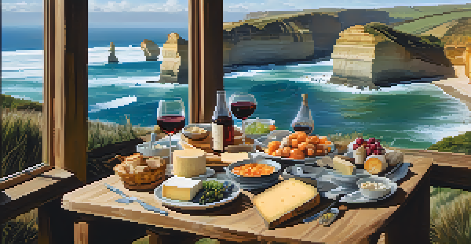 A picturesque picnic spread with cheese, seafood, and wine, set against the backdrop of the Twelve Apostles along the Great Ocean Road.