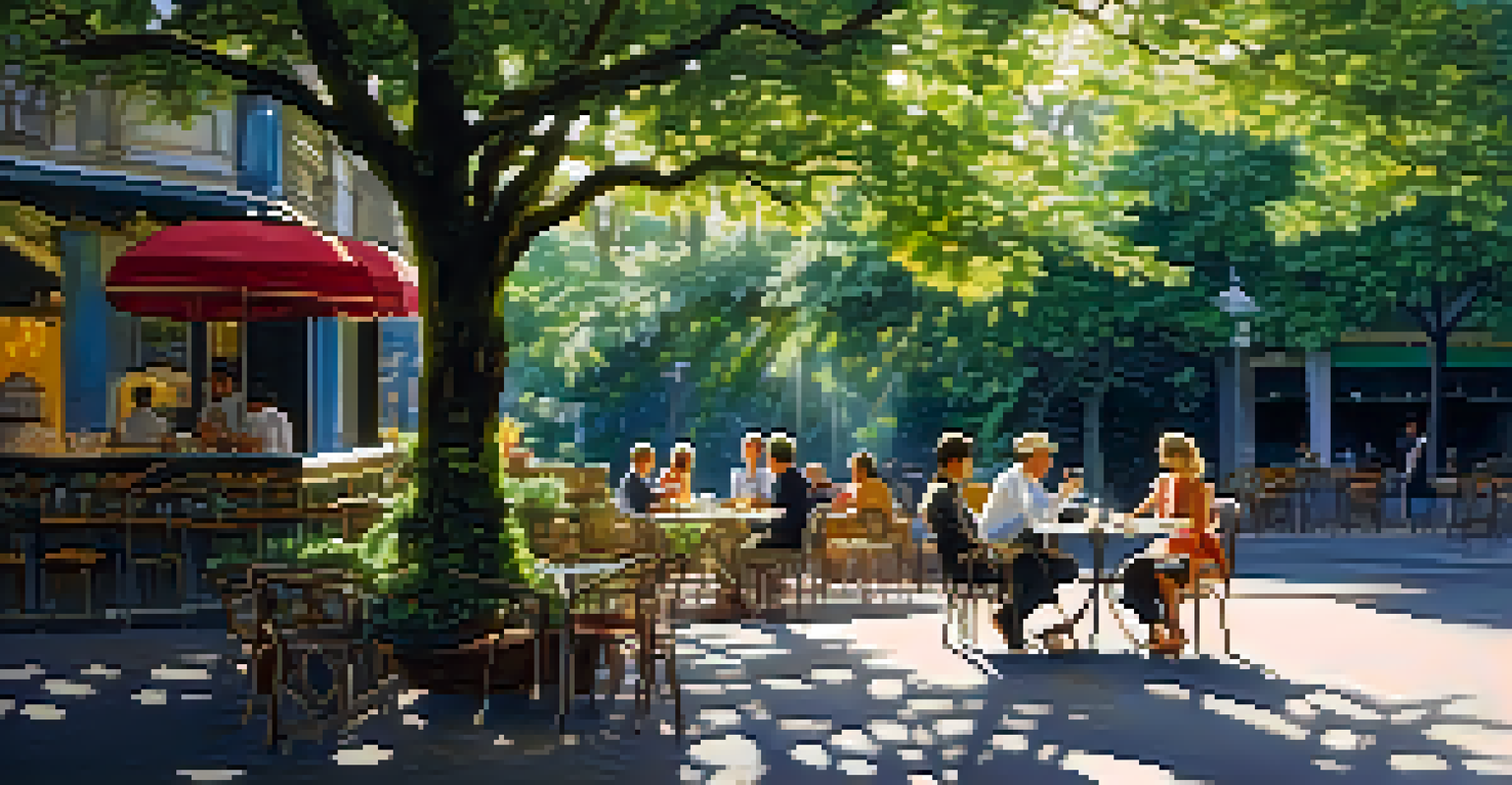 A traveler sitting at an outdoor café table with a cup of tea, fruits, and a glass of water, surrounded by trees and sunlight.