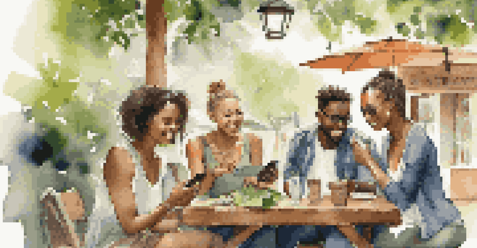 A group of diverse travelers engaging with a smartphone app at a rustic outdoor café surrounded by greenery.