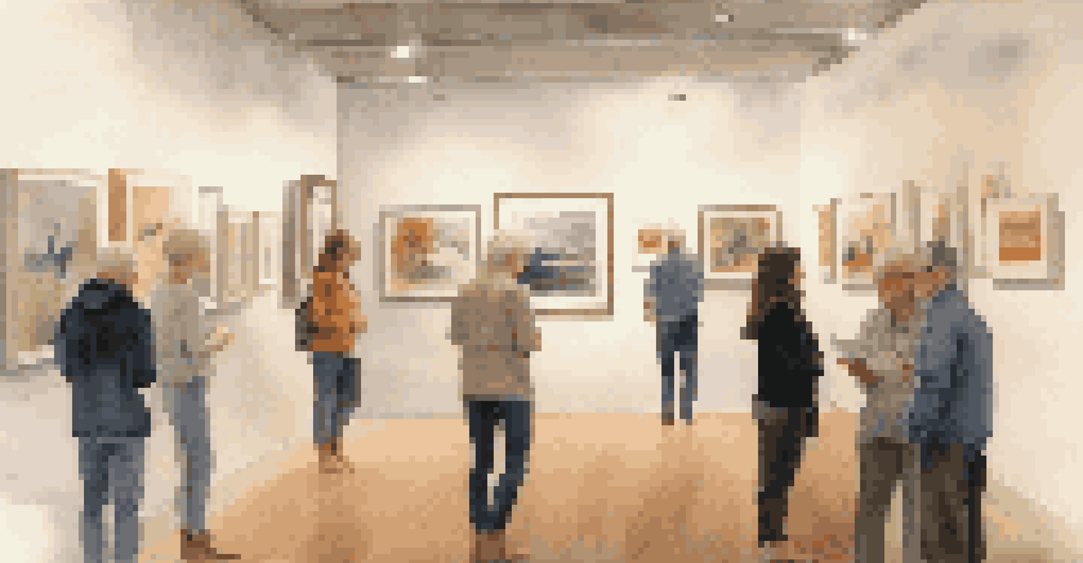 An art gallery displaying local artworks with visitors observing and a local artist discussing their work in a soft ambient light.
