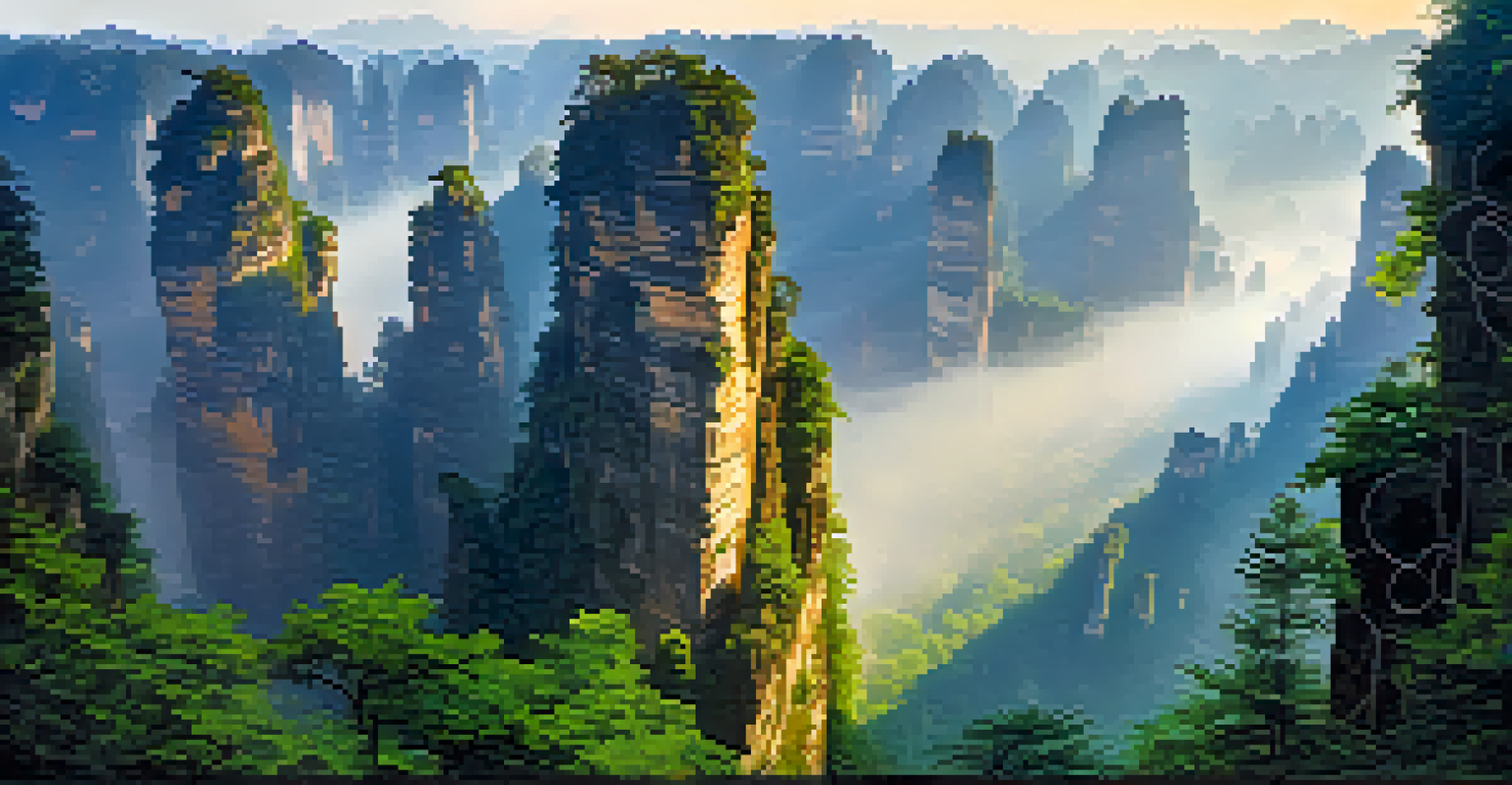 A misty view of Zhangjiajie National Forest Park with towering sandstone pillars and lush greenery.