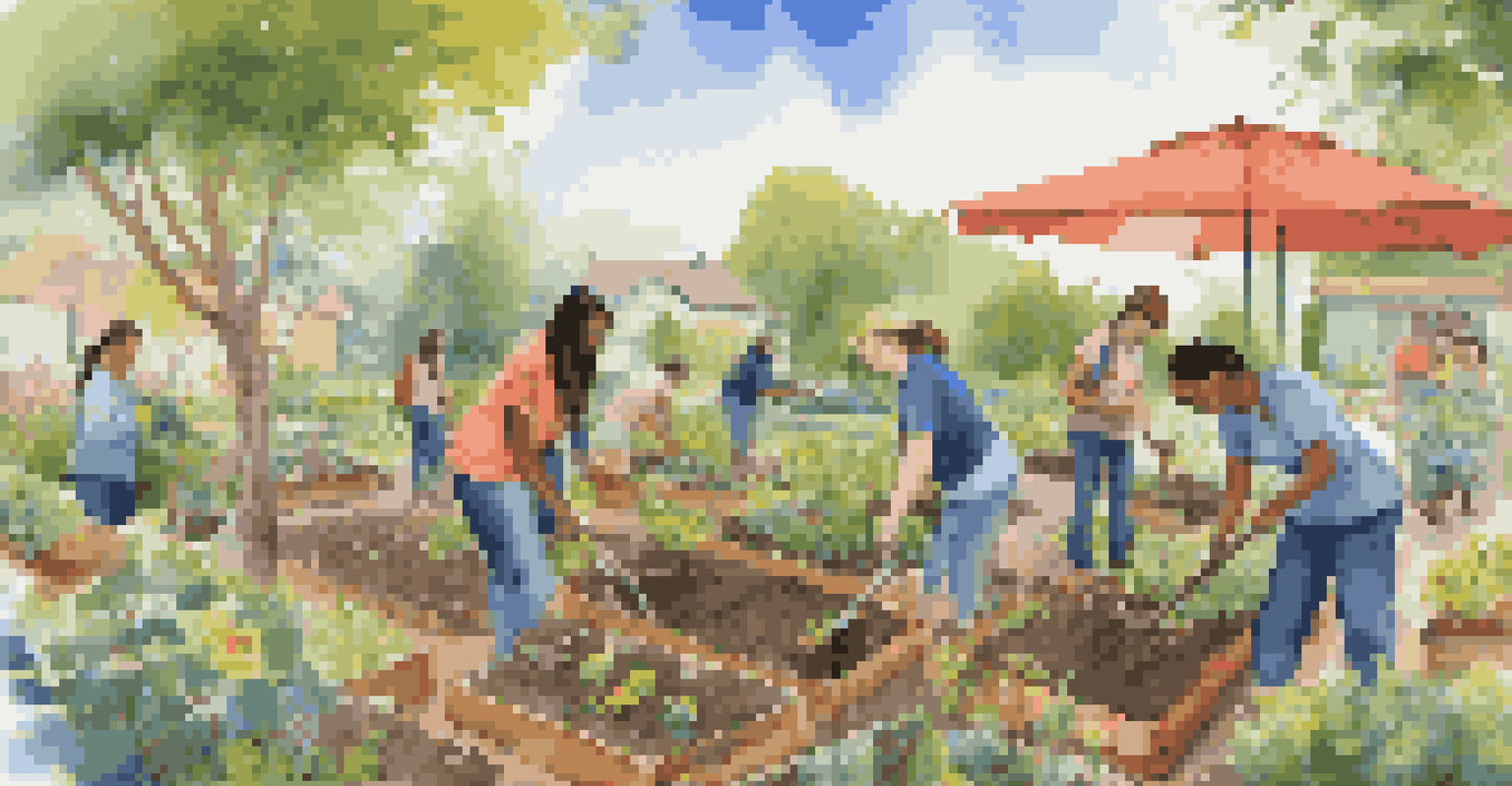 Travelers volunteering in a community garden, planting trees with smiles and vibrant flowers around.