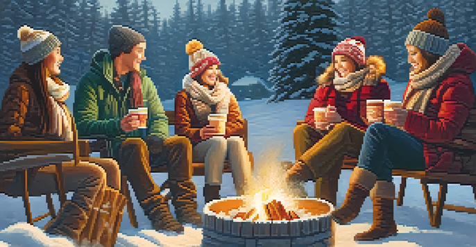 A group of friends in winter clothing, gathered around a fire pit in a snowy landscape, enjoying hot drinks.