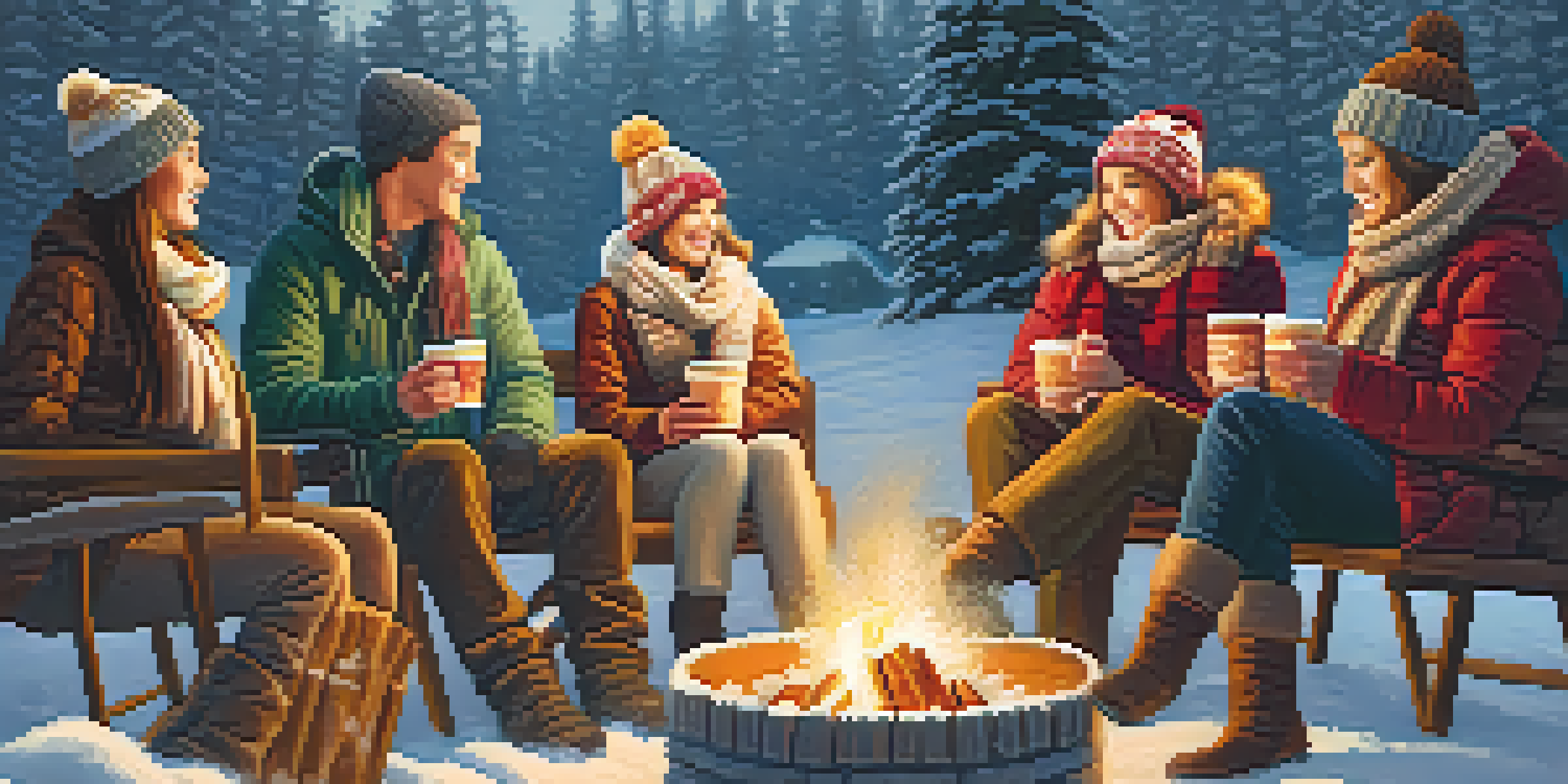 A group of friends in winter clothing, gathered around a fire pit in a snowy landscape, enjoying hot drinks.