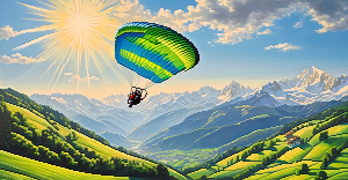 A paraglider flying over green valleys with the Swiss Alps in the background under a blue sky with fluffy clouds.