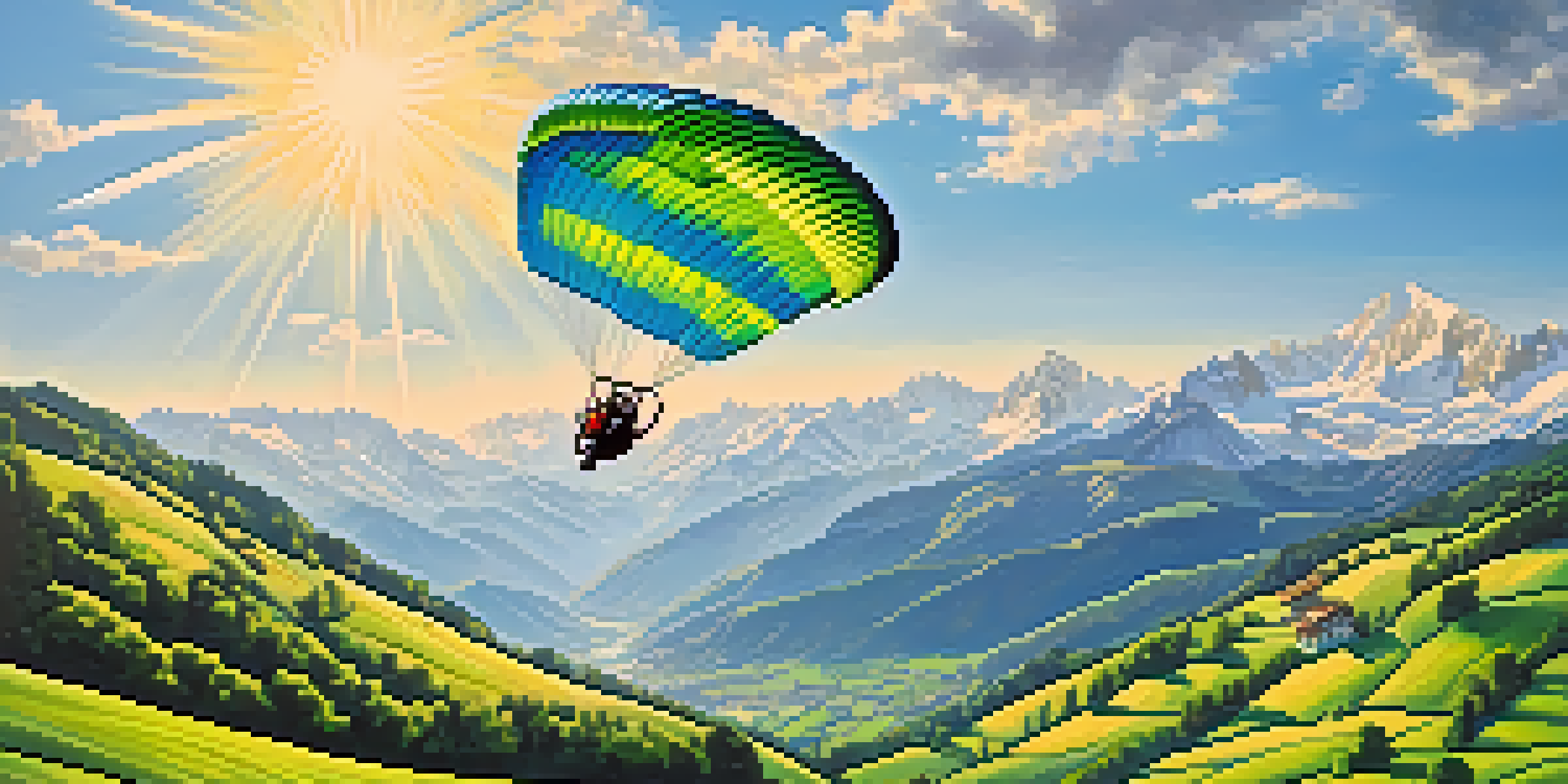 A paraglider flying over green valleys with the Swiss Alps in the background under a blue sky with fluffy clouds.