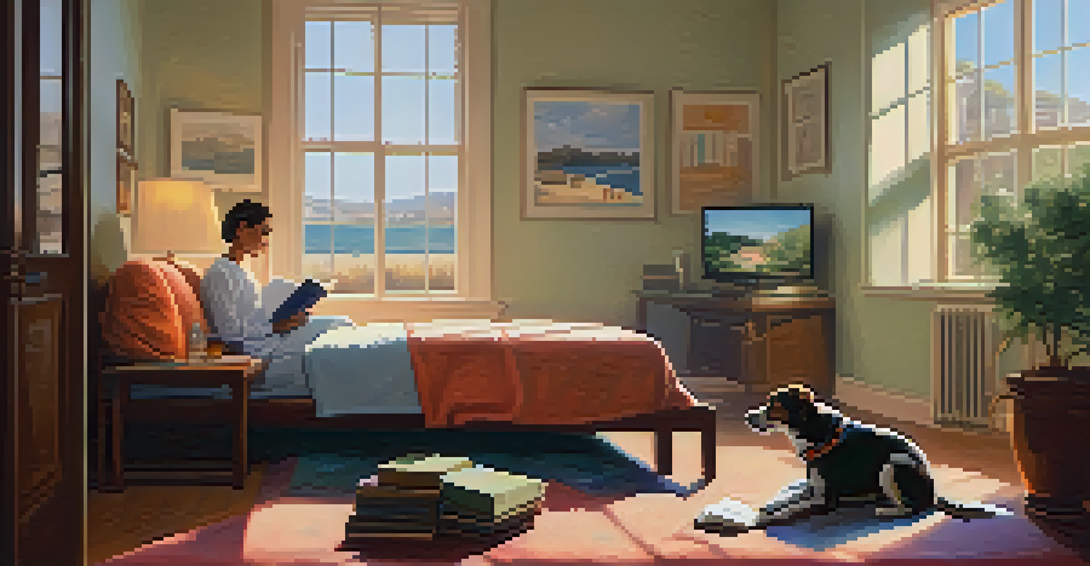 A service dog relaxes on a dog bed in a hotel room while its handler reads a book at a dining table, with soft colors and natural light filling the space.