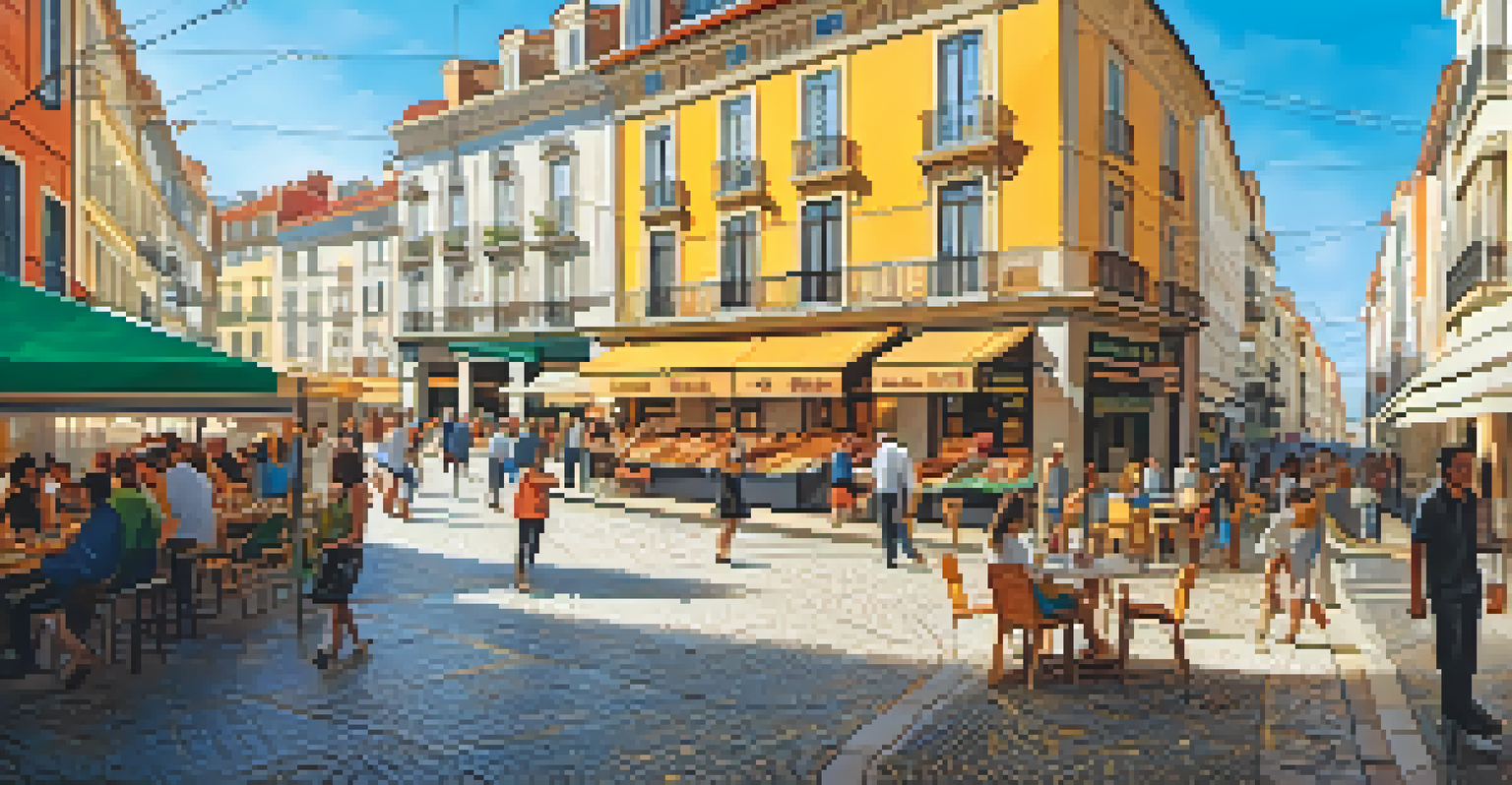 A lively street in Lisbon, featuring colorful buildings, outdoor cafes, and artists at work under warm sunlight.
