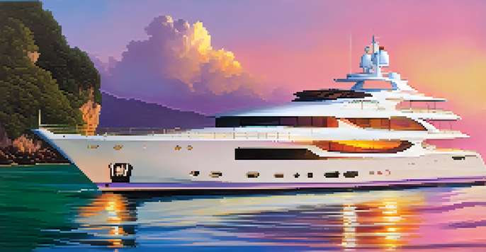 A private yacht sailing on clear waters during sunset, surrounded by islands and a colorful sky.