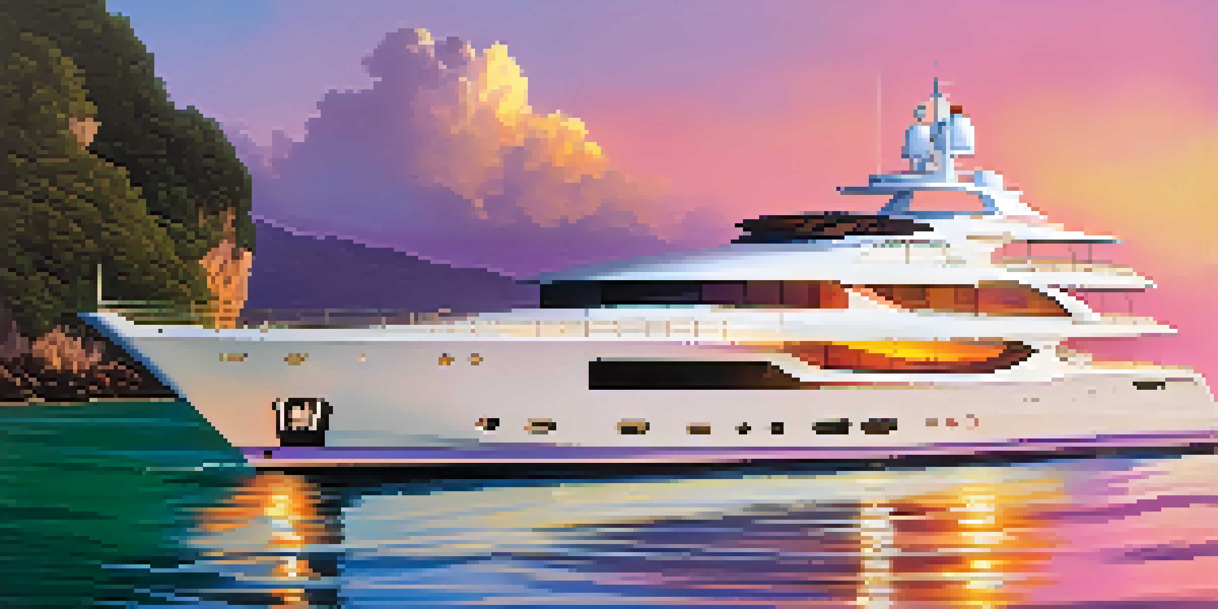 A private yacht sailing on clear waters during sunset, surrounded by islands and a colorful sky.