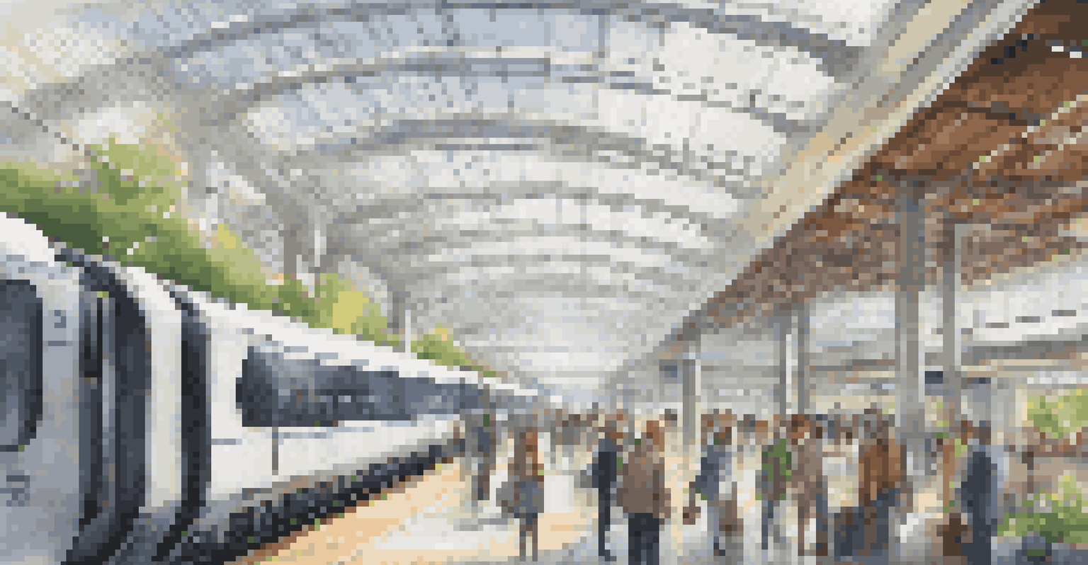 A modern train station with electric trains, passengers using technology, and greenery, emphasizing sustainable travel.