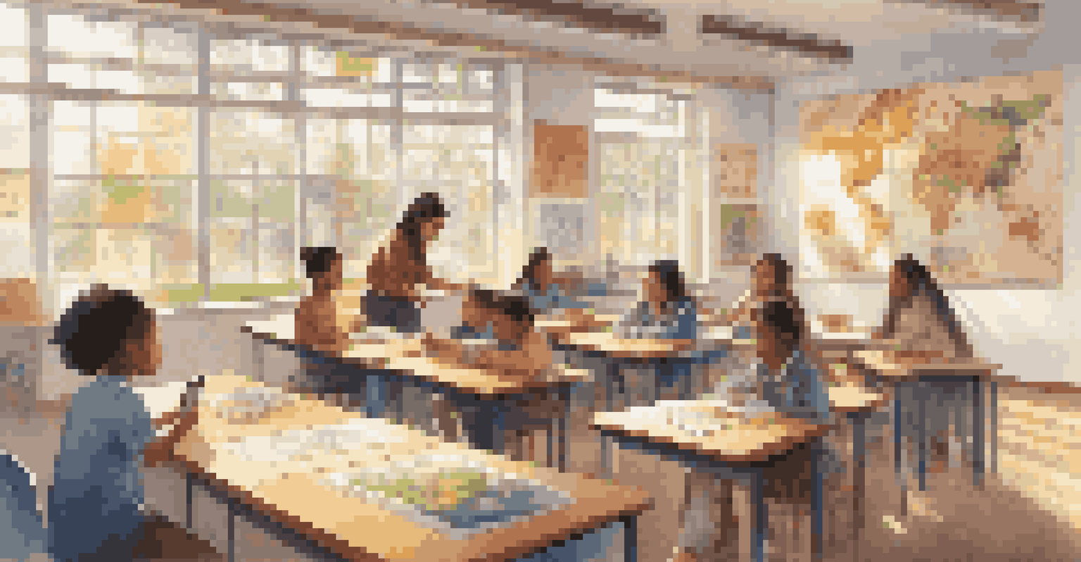A teacher interacting with students of various cultures in a bright classroom filled with educational posters.