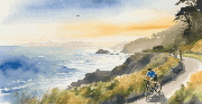 A cyclist riding along the Pacific Coast Highway during sunset, with ocean waves crashing against the cliffs below.