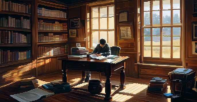A person planning their travel at a desk with a laptop, travel books, a globe, and coffee, illuminated by sunlight.