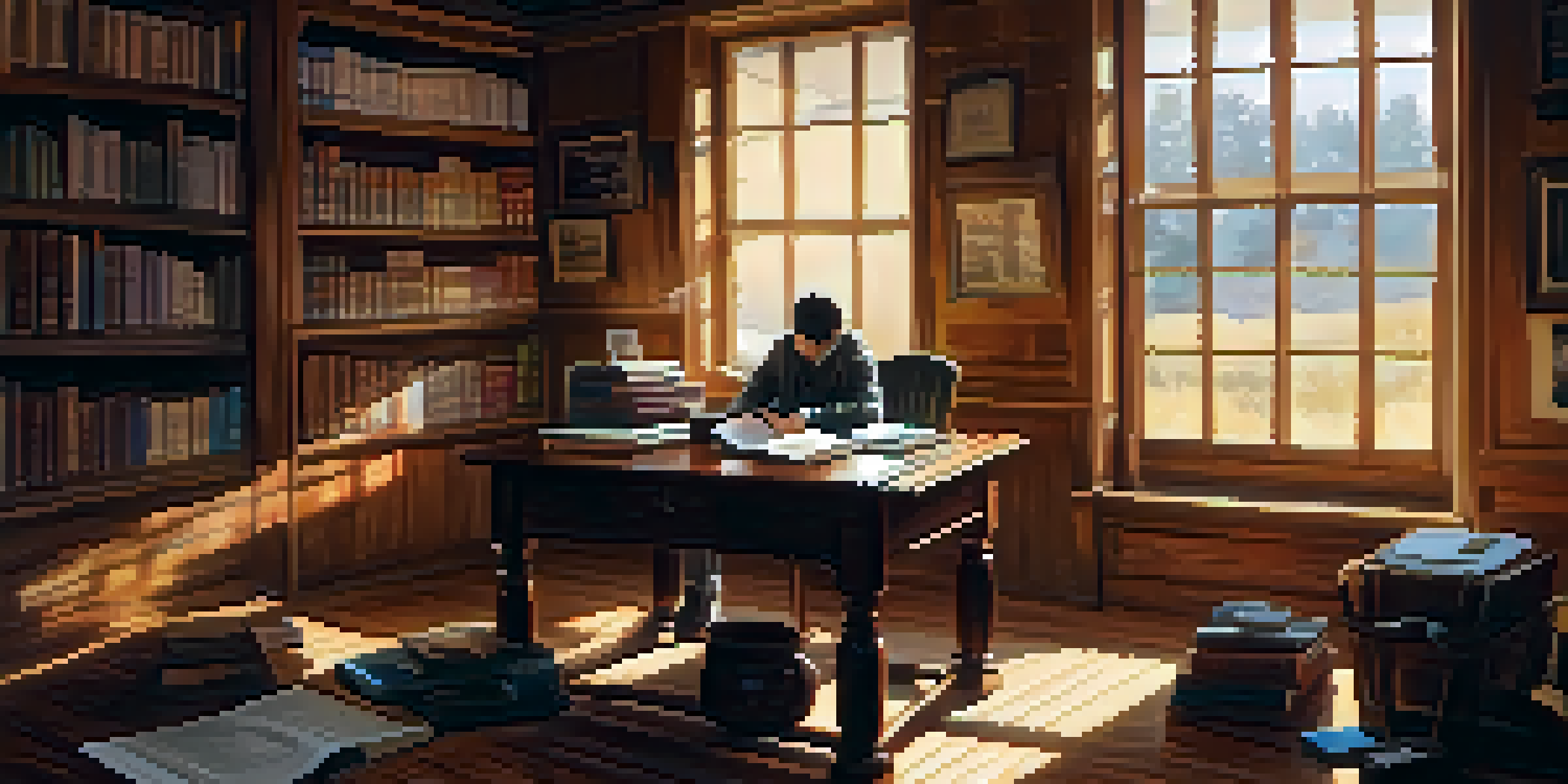 A person planning their travel at a desk with a laptop, travel books, a globe, and coffee, illuminated by sunlight.
