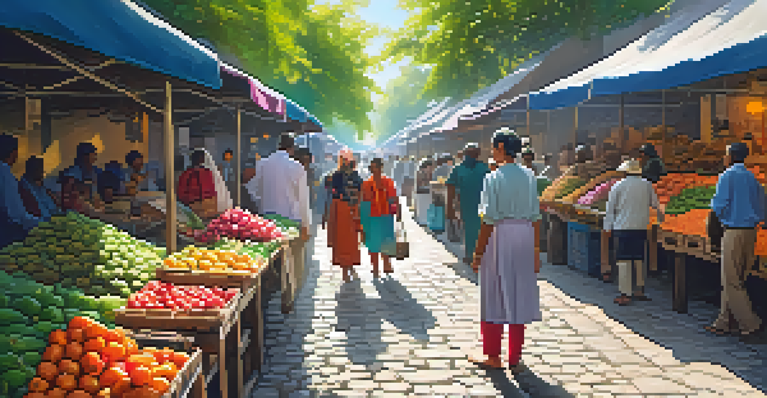 A lively local market with colorful stalls and smiling locals in traditional attire.