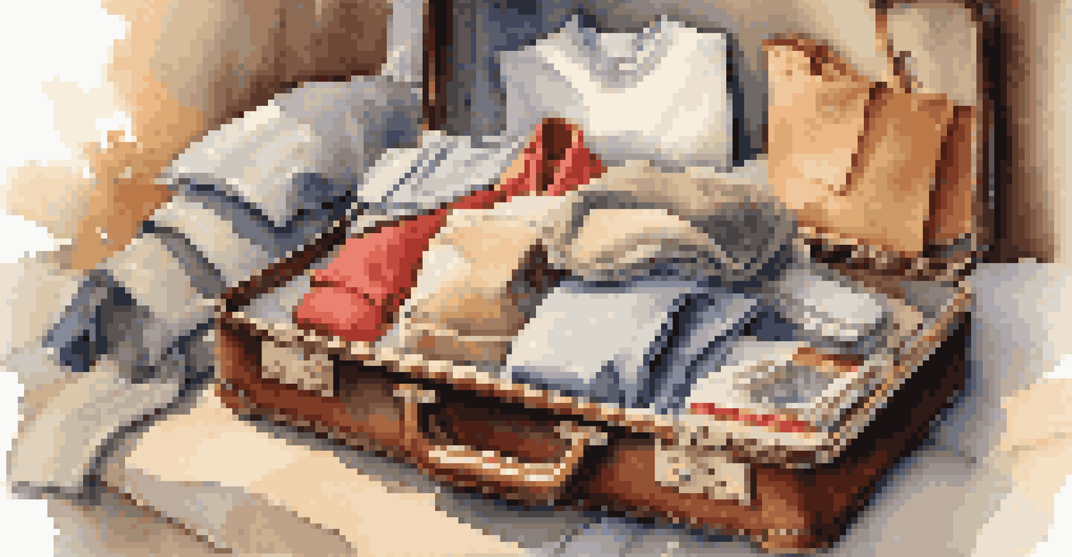 An open suitcase on a bed filled with clothes, travel documents, and wrapped gifts in a cozy room setting.