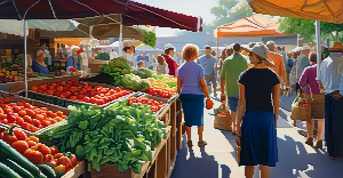 A bustling farmer's market with colorful organic produce and warm sunlight, showcasing people interacting with local farmers.