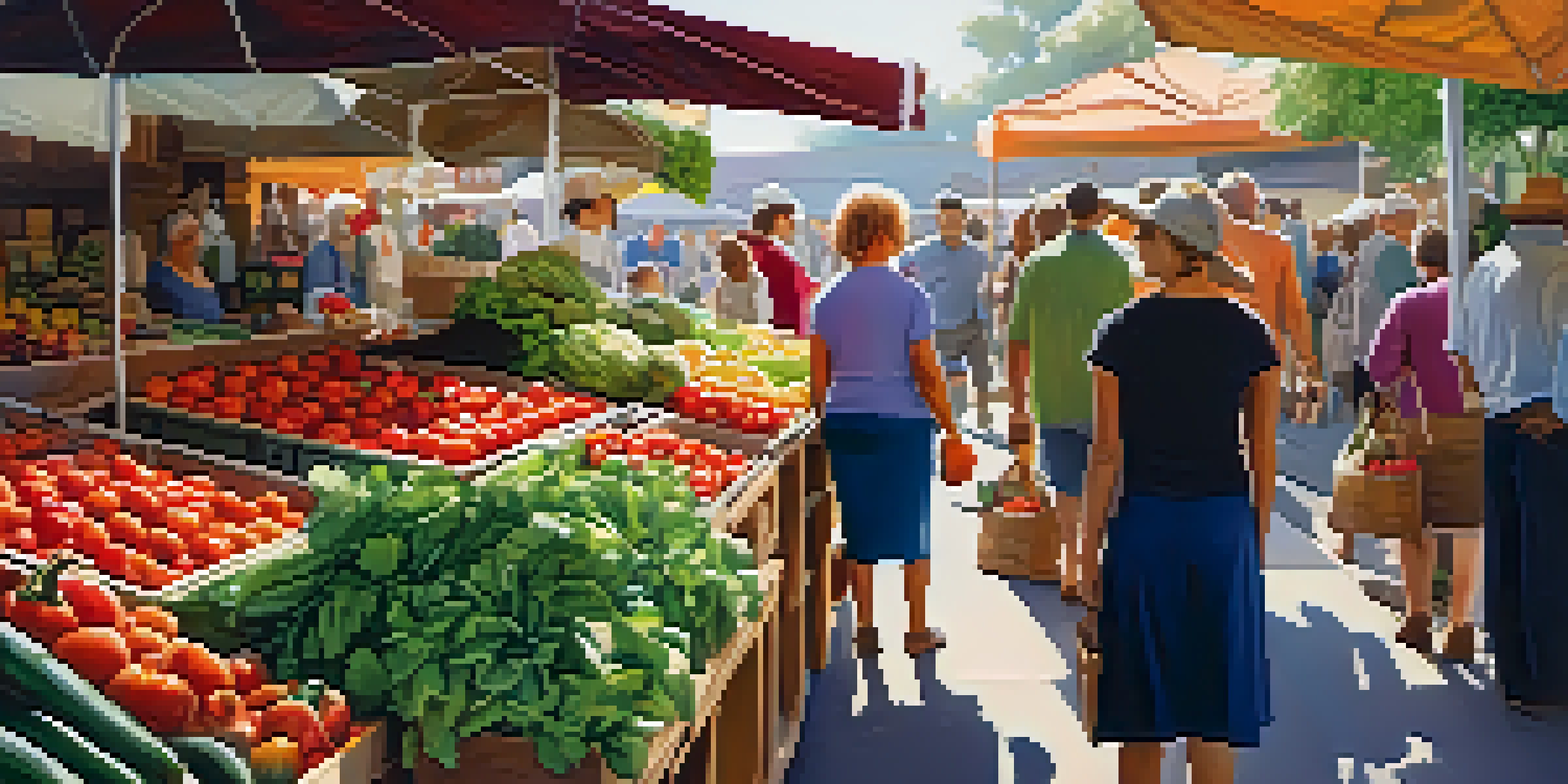 A bustling farmer's market with colorful organic produce and warm sunlight, showcasing people interacting with local farmers.