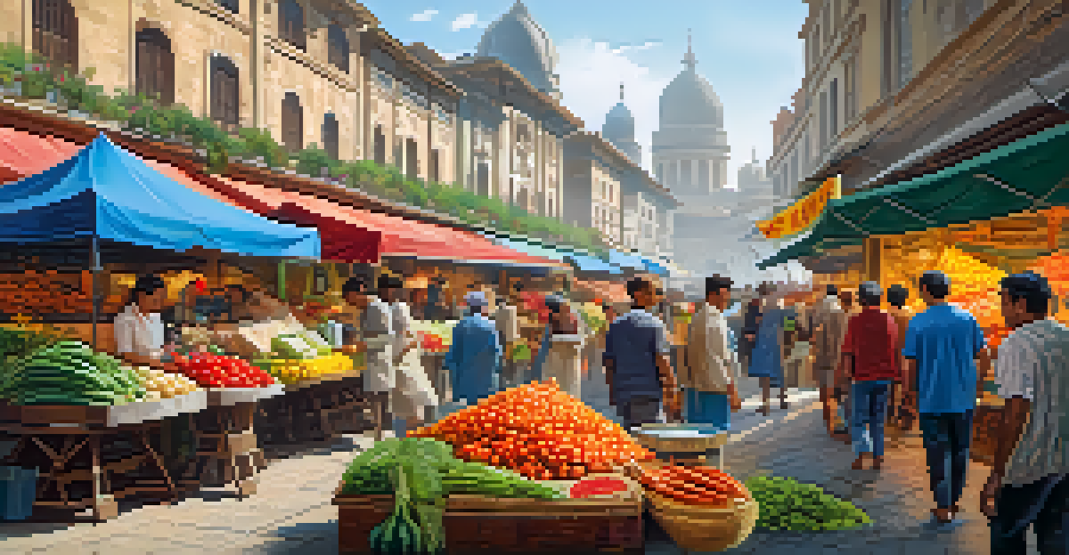 A busy local market filled with colorful stalls and fresh produce, with a traveler engaging with a vendor about food ingredients.