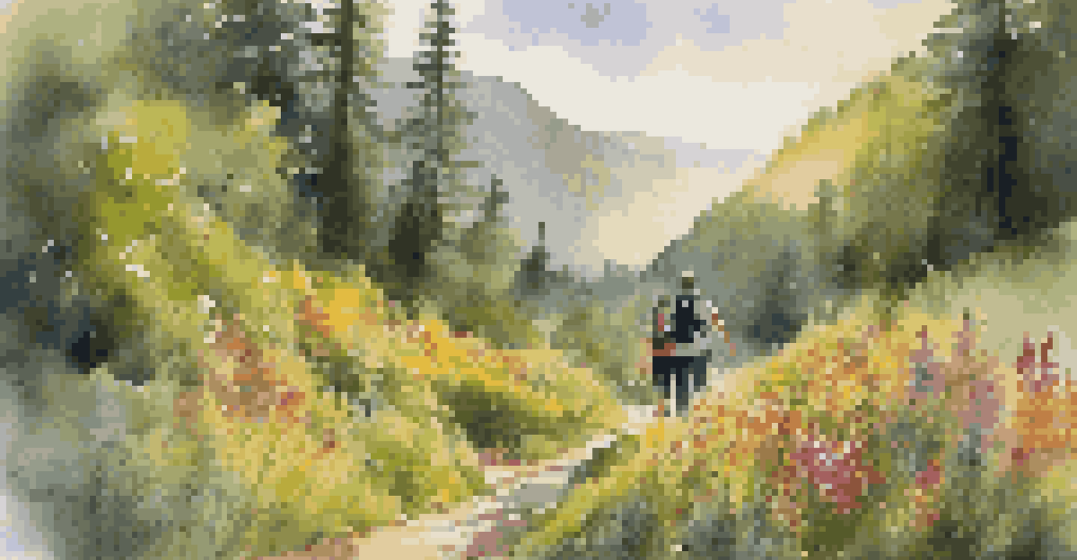 A couple hiking a scenic trail filled with wildflowers, with a hidden waterfall visible in the background.