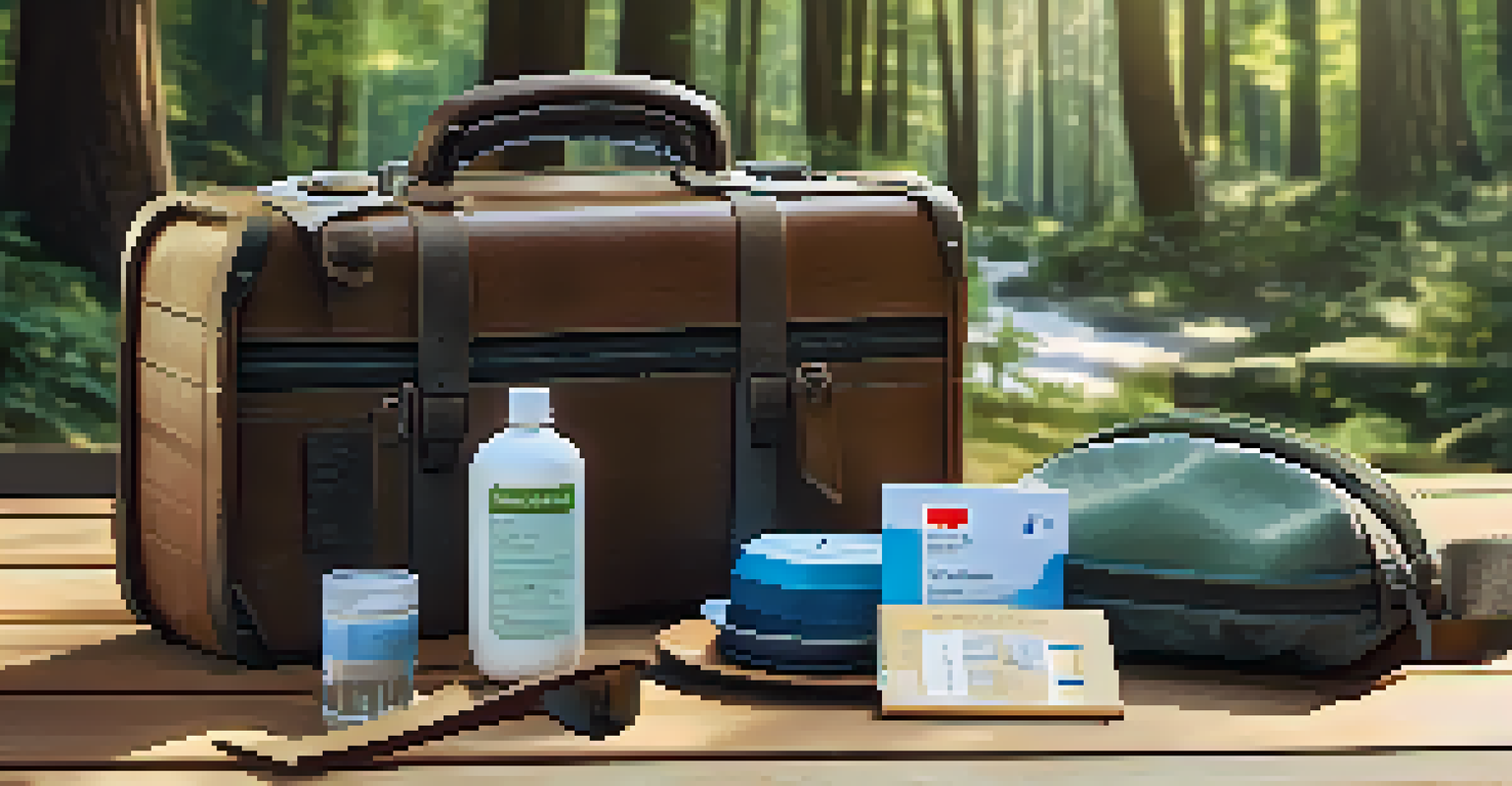 A travel packing setup featuring a suitcase and essential items like hand sanitizers and a smartphone.