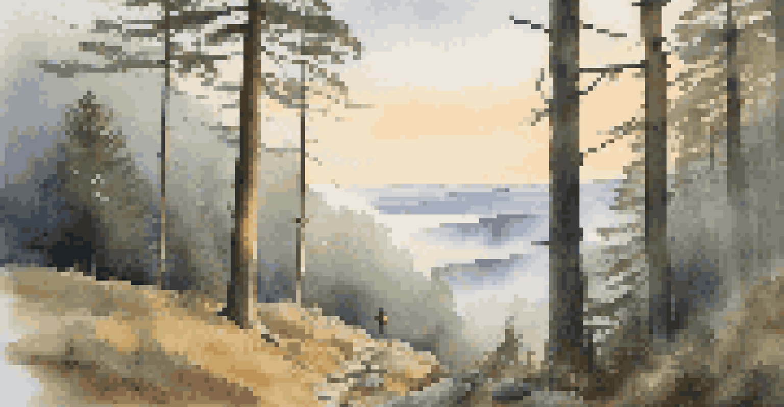 A misty morning on the Appalachian Trail with a hiker walking through a tranquil forest.