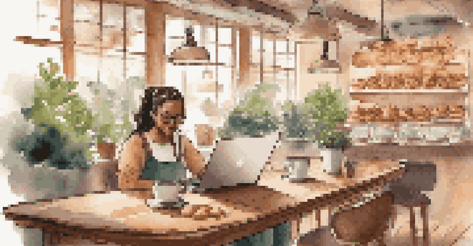 A cozy café with a laptop, coffee cups, and pastries on a wooden table.