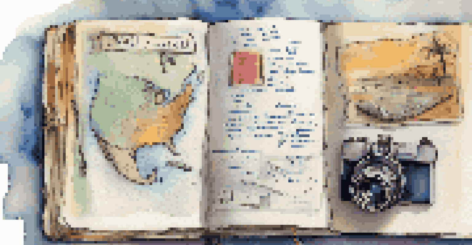 A close-up of an open travel journal with handwritten entries and sketches, alongside travel artifacts.