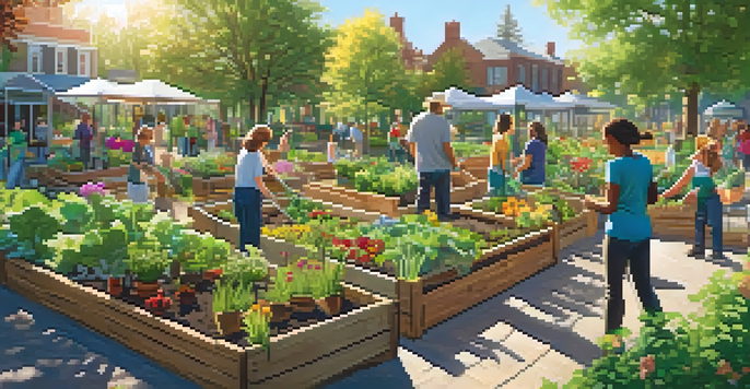 A diverse group of volunteers planting flowers and vegetables in a community garden under bright sunlight.