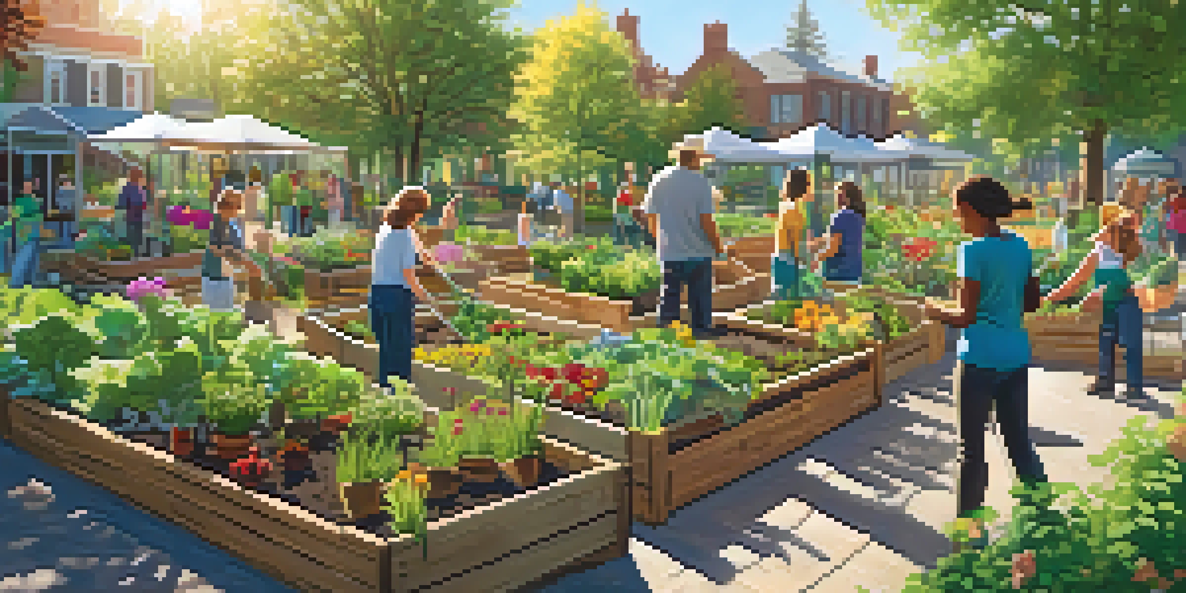 A diverse group of volunteers planting flowers and vegetables in a community garden under bright sunlight.