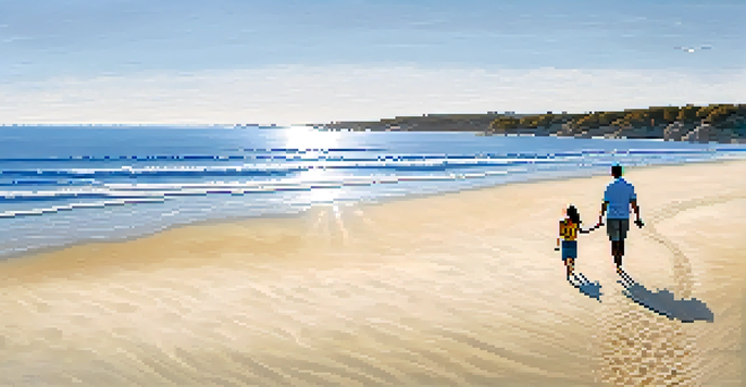 A peaceful beach scene with a couple walking on the sand, symbolizing off-peak travel.