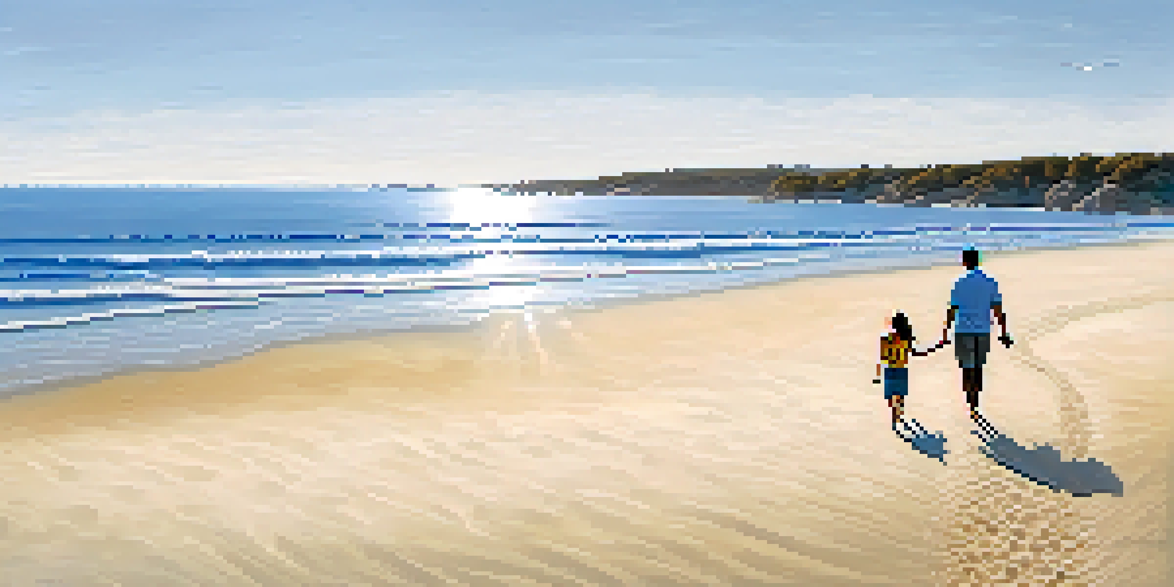 A peaceful beach scene with a couple walking on the sand, symbolizing off-peak travel.