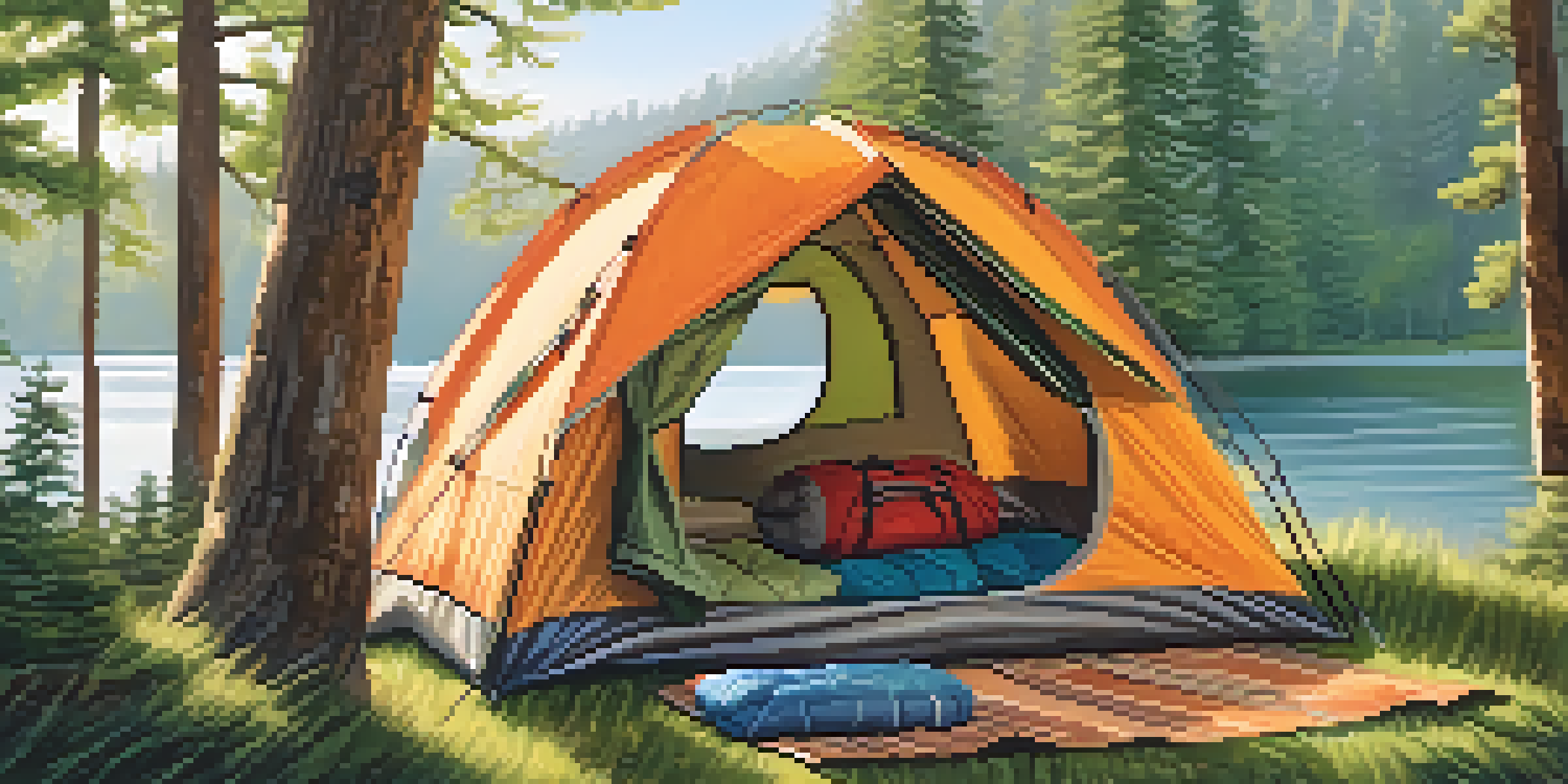 A camping setup inside a tent with a sleeping bag, sleeping pad, and pillow, illuminated by soft morning light with a view of a lake.