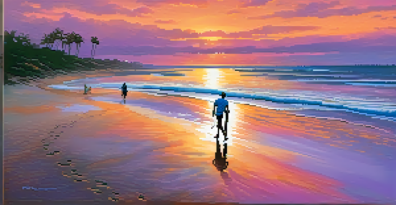 A couple walking hand in hand on a beach at sunset, with colorful skies and gentle waves.