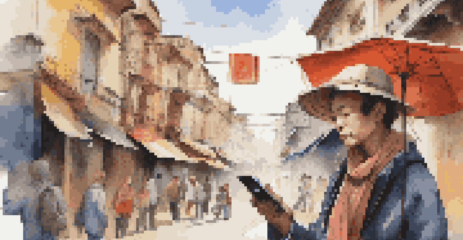 A traveler looking at a map in a lively city, with local architecture and street art, while checking a weather alert on their smartphone.