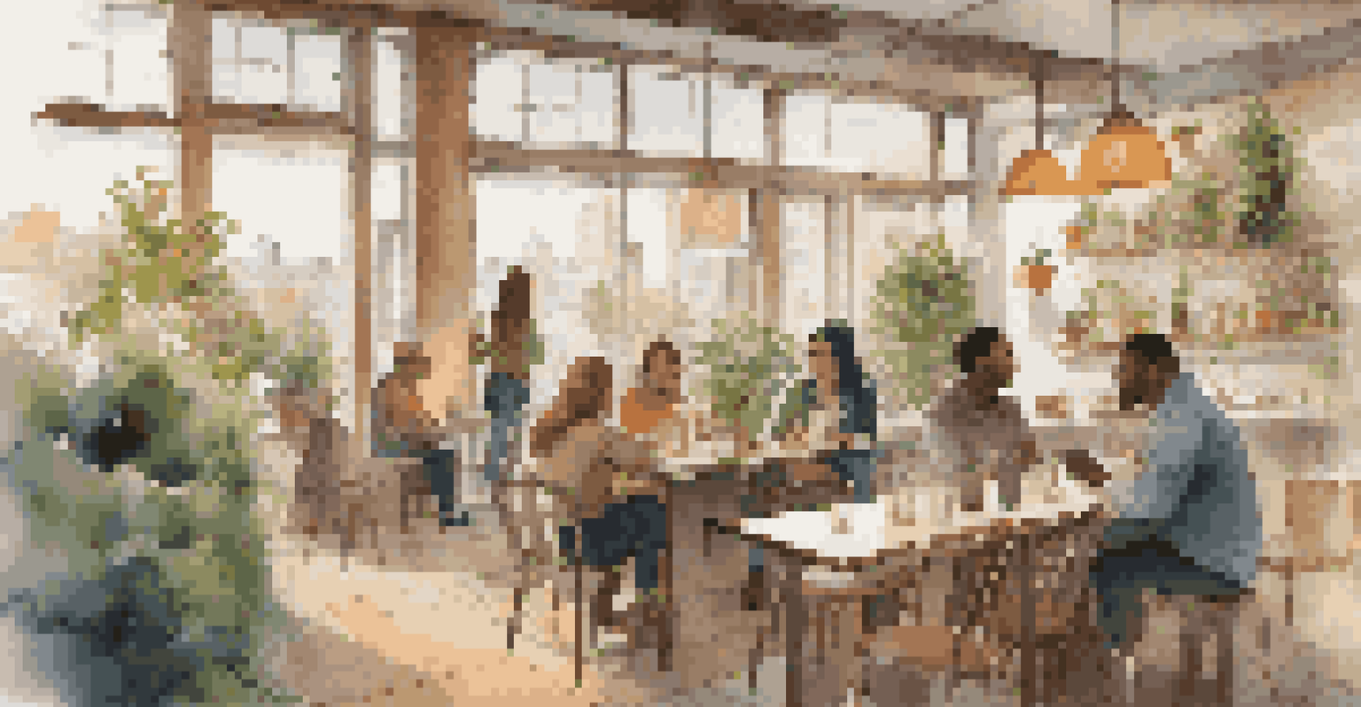 A group of diverse people talking and sharing ideas in a cozy café with warm lighting and plants.