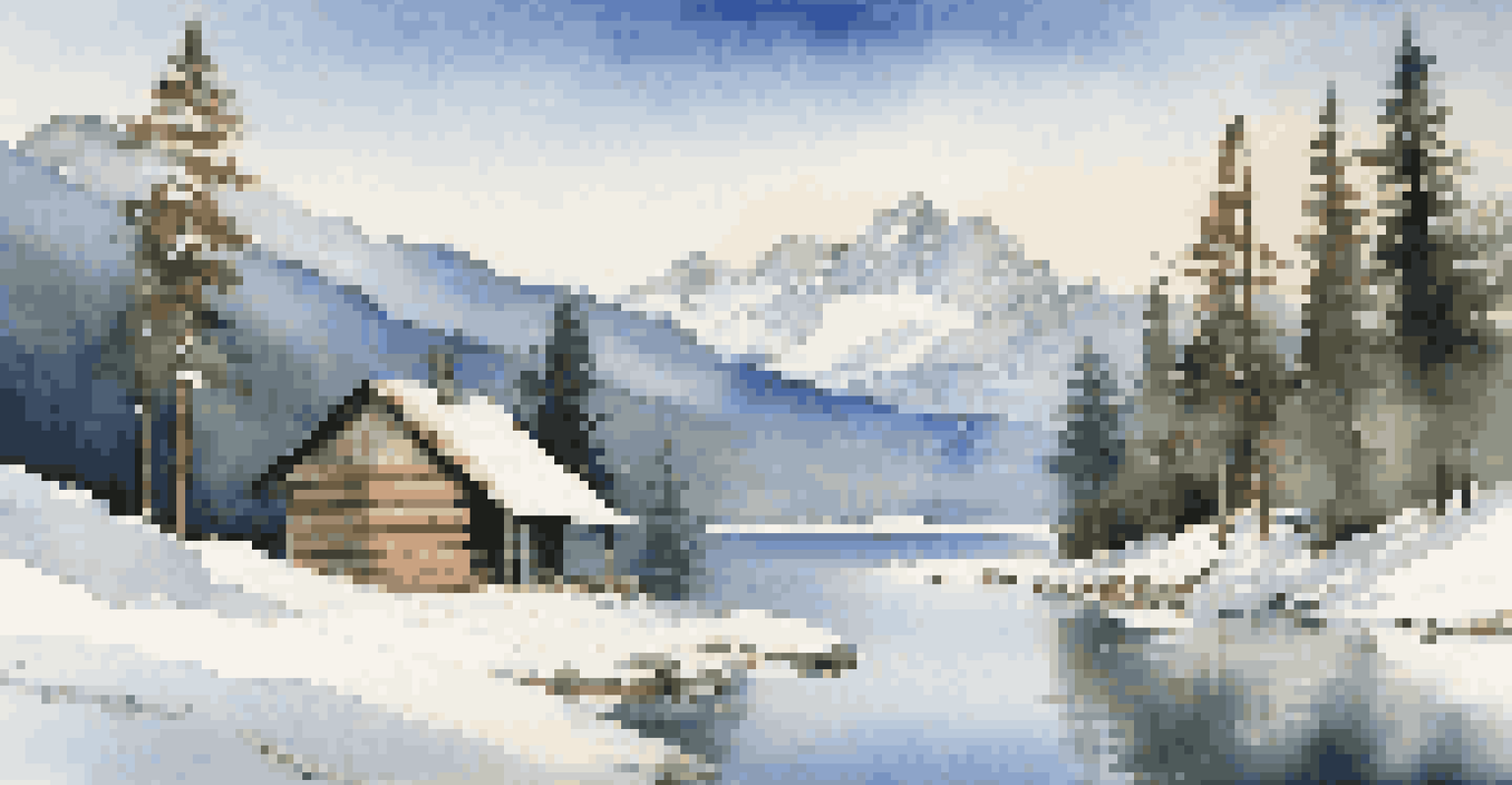 A peaceful winter scene with a cabin by a lake, surrounded by snow-covered mountains and trees.