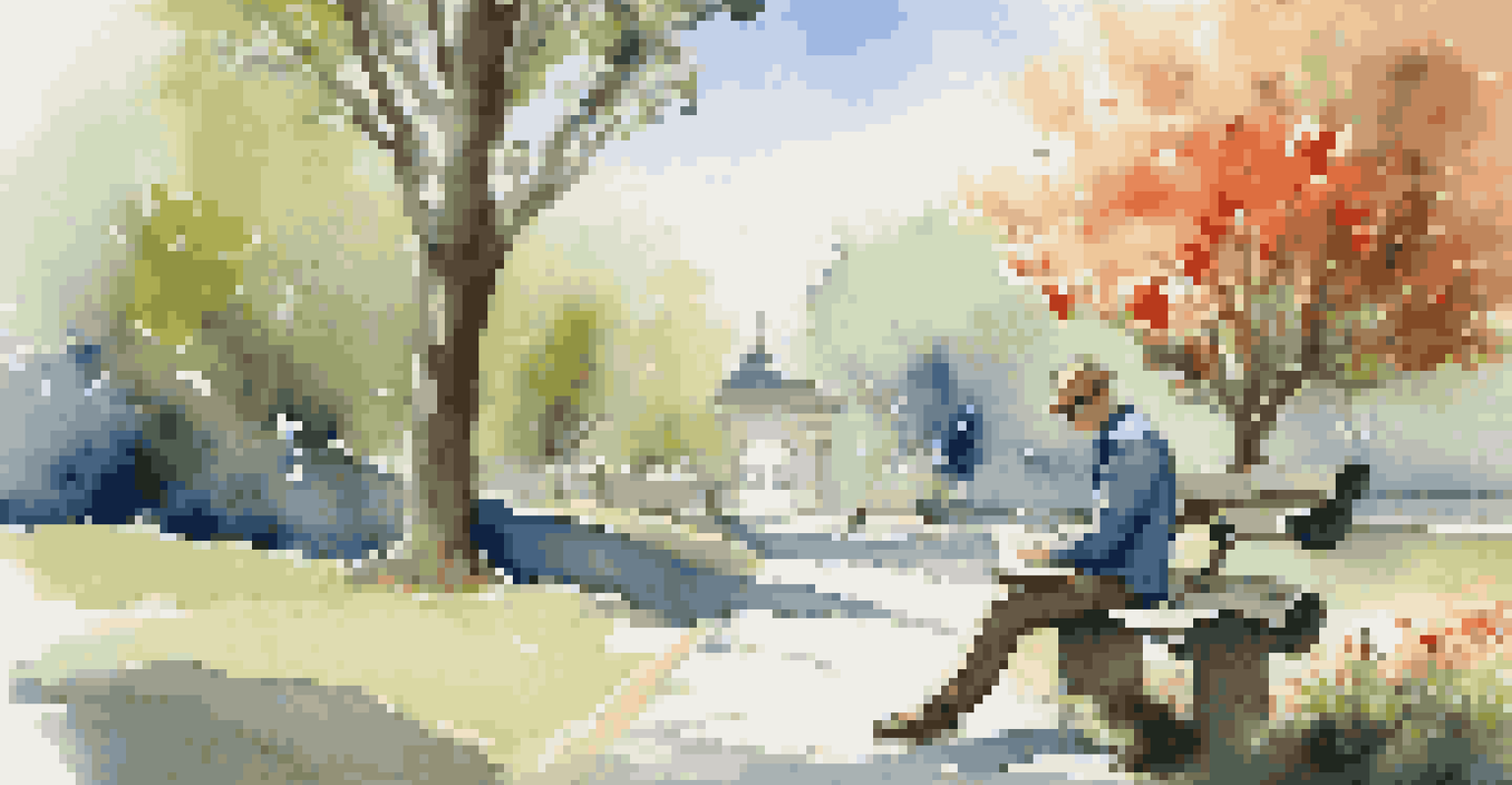 A solo traveler in comfortable clothing reading a book on a bench in a park surrounded by blooming flowers and a clear blue sky.