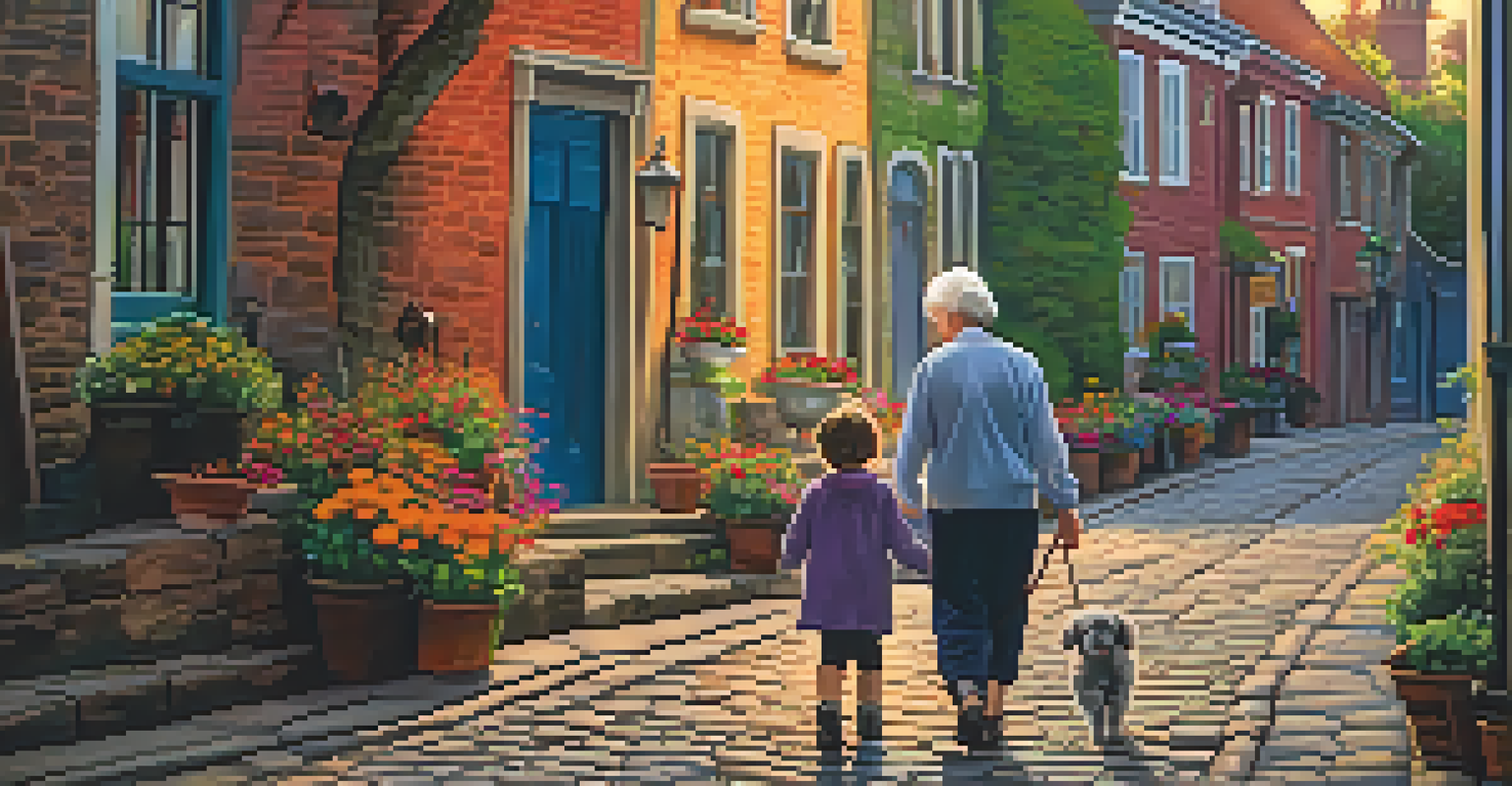 An elderly person and a child walking together on a cobblestone street surrounded by historic buildings and flowers, with a sunset in the background.