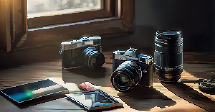 A mirrorless camera on a wooden table with travel accessories around it, illuminated by soft sunlight.