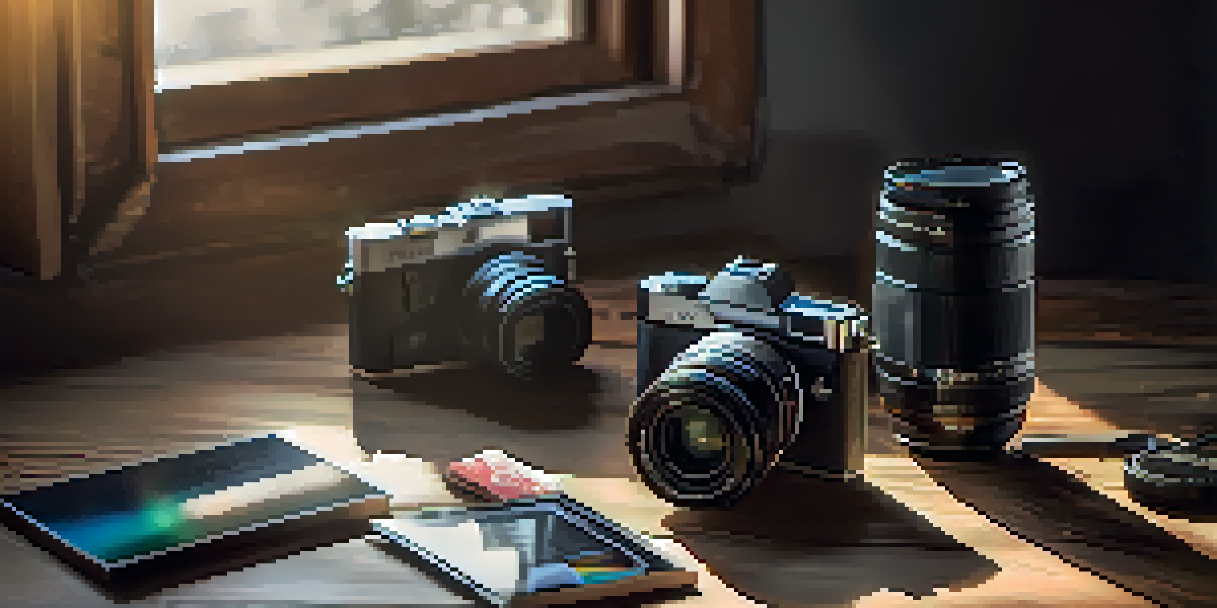 A mirrorless camera on a wooden table with travel accessories around it, illuminated by soft sunlight.