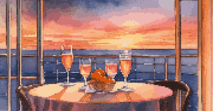 A sunset view from a cruise ship balcony with two champagne glasses, reflecting vibrant colors in the sky.